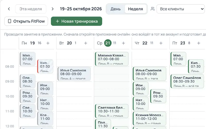Личный кабинет FitFlow: расписание на неделю