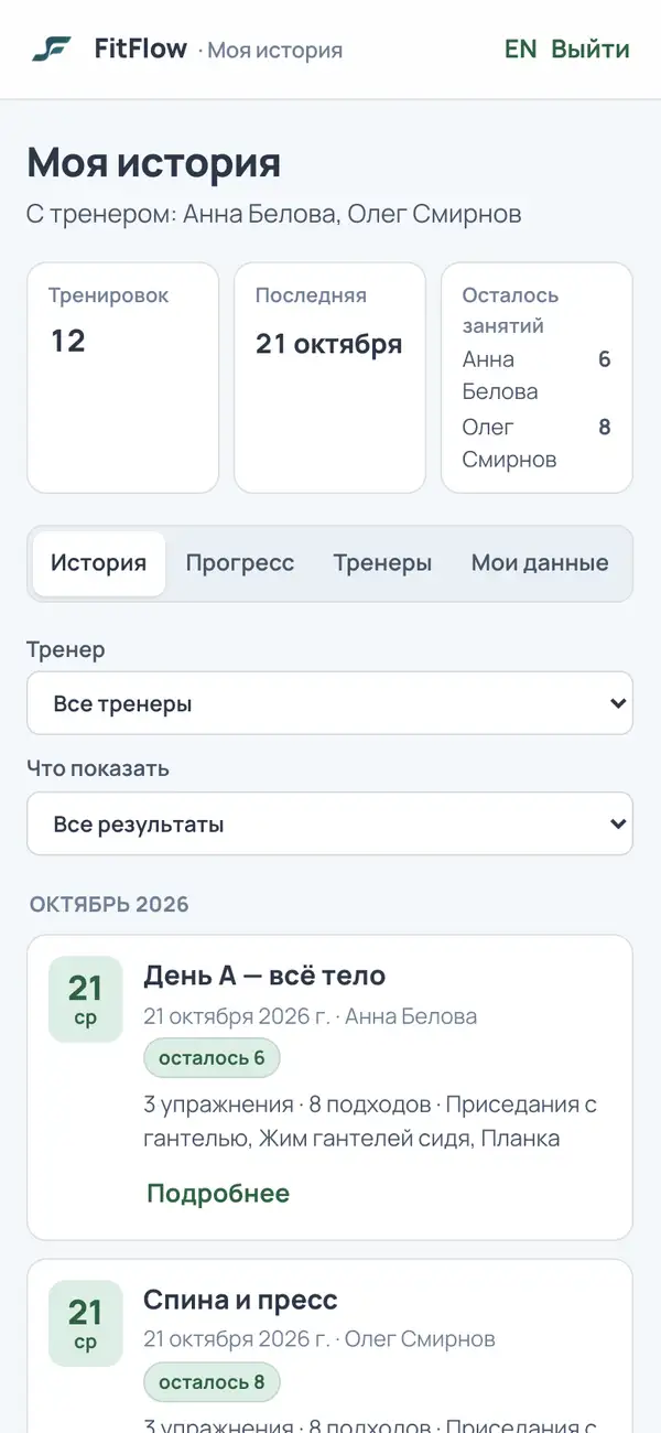 История тренировок у клиента