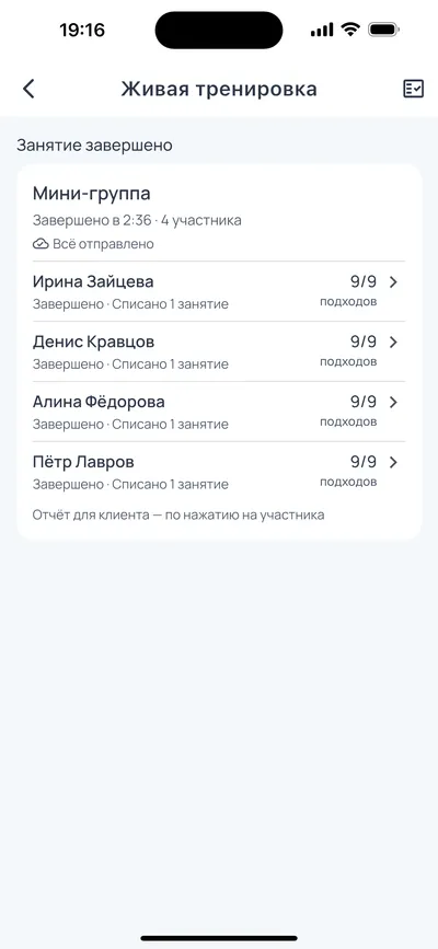Итог мини-группы в FitFlow: у каждого участника свои подходы и списанное занятие.